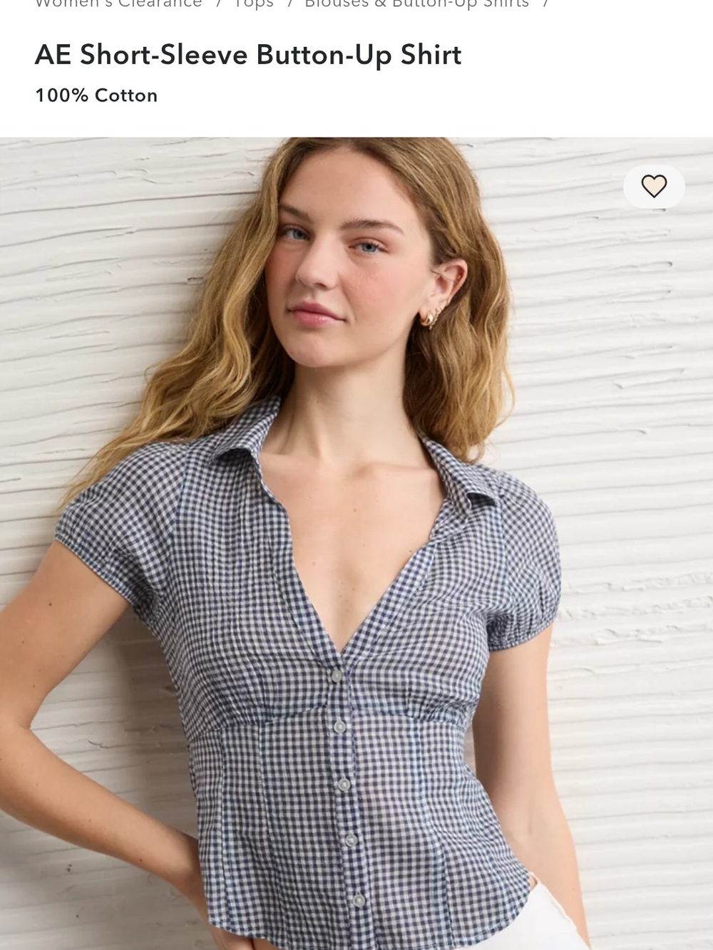 American Eagle Outfitters Navy and White Gingham Short-Sleeve Button-Down
